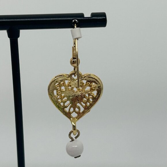 Vintage Gold-Tone Heart Drop Earrings With White Accents & Filigree Design - Picture 10 of 16